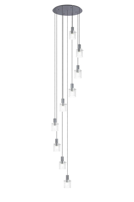 Aouchiche Round Pendant, 9 Light Adjustable E27, Dark Grey/Clear Wide Line Glass