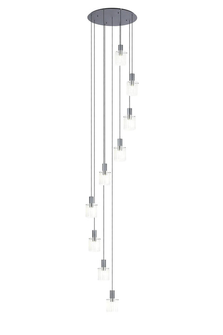 Aouchiche Round Pendant, 9 Light Adjustable E27, Dark Grey/Frosted/Clear Wide Line Glass