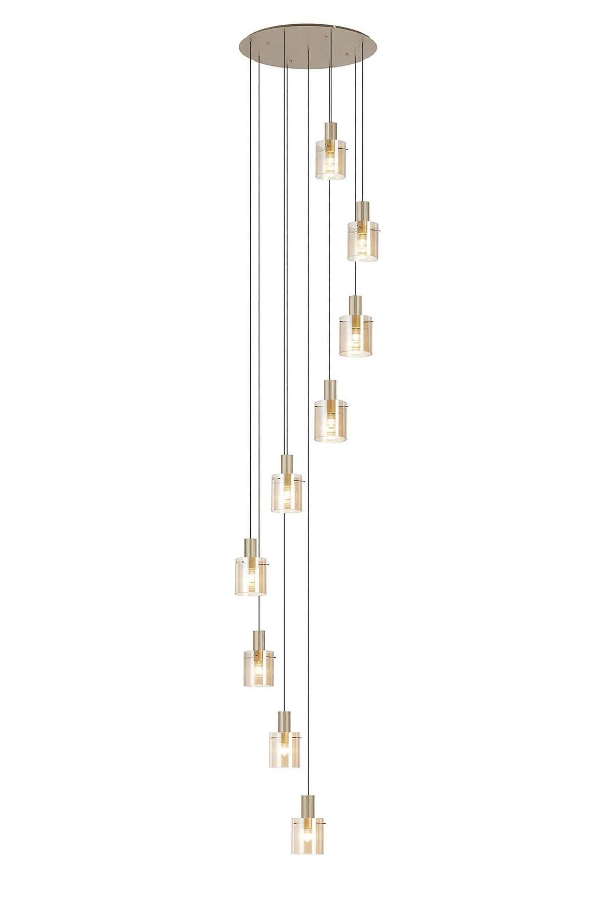 Aouchiche Round Pendant, 9 Light Adjustable E27, Light Gold/Amber Narrow Line Glass