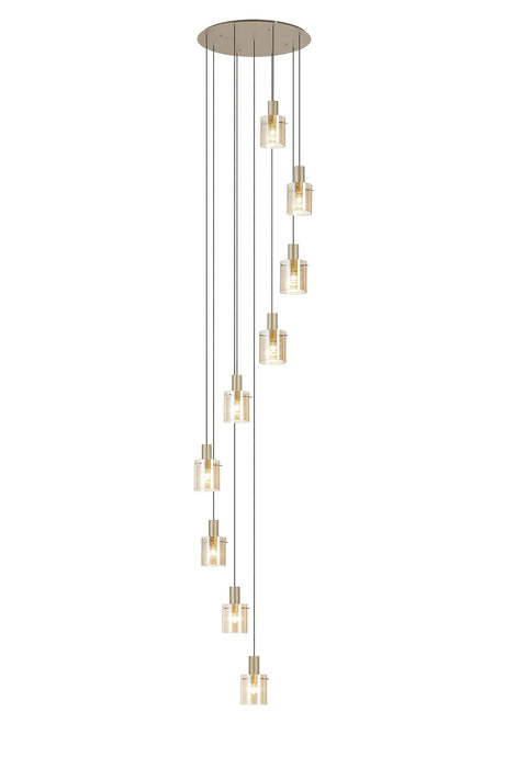 Aouchiche Round Pendant, 9 Light Adjustable E27, Light Gold/Amber Narrow Line Glass