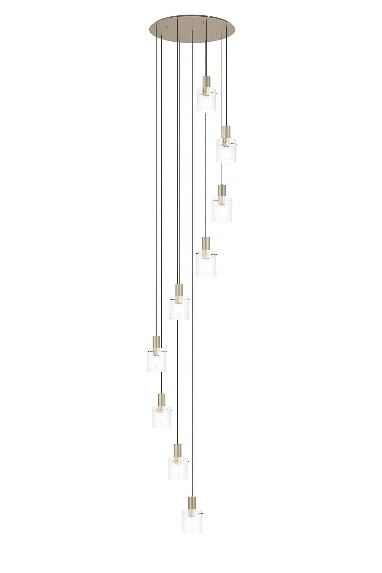 Aouchiche Round Pendant, 9 Light Adjustable E27, Light Gold/Clear Narrow Line Glass
