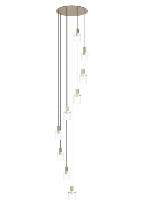 Aouchiche Round Pendant, 9 Light Adjustable E27, Light Gold/Clear Narrow Line Glass