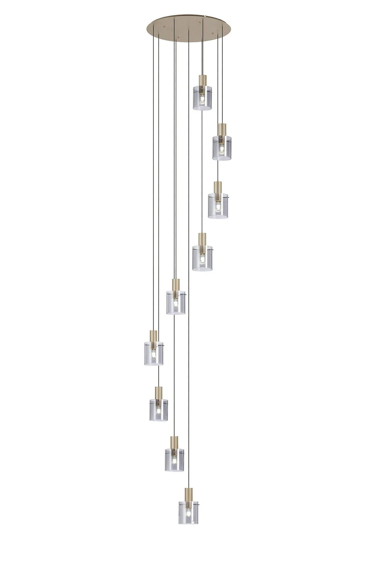 Aouchiche Round Pendant, 9 Light Adjustable E27, Light Gold/Smoke Narrow Line Glass