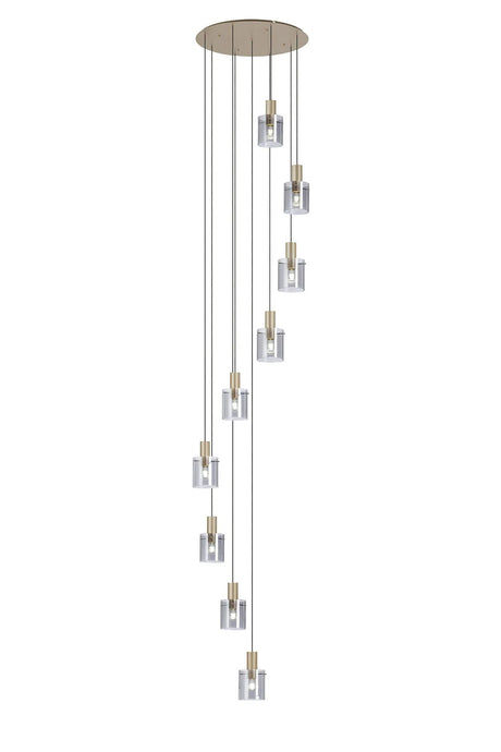 Aouchiche Round Pendant, 9 Light Adjustable E27, Light Gold/Smoke Narrow Line Glass