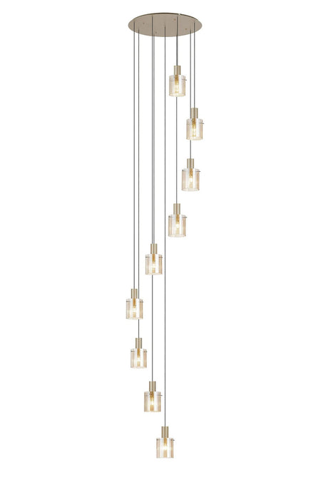 Aouchiche Round Pendant, 9 Light Adjustable E27, Light Gold/Amber Wide Line Glass