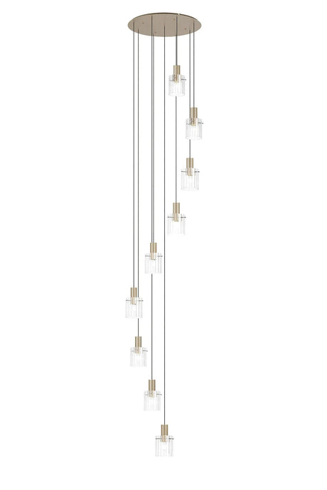 Aouchiche Round Pendant, 9 Light Adjustable E27, Light Gold/Clear Wide Line Glass
