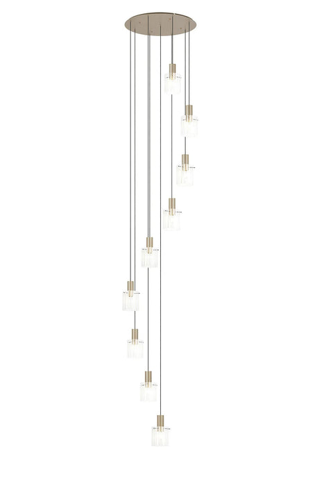 Aouchiche Round Pendant, 9 Light Adjustable E27, Light Gold/Frosted/Clear Wide Line Glass