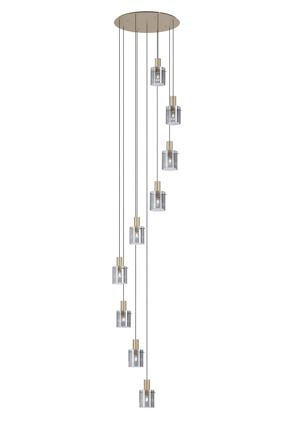 Aouchiche Round Pendant, 9 Light Adjustable E27, Light Gold/Smoke Wide Line Glass