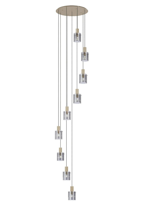 Aouchiche Round Pendant, 9 Light Adjustable E27, Light Gold/Smoke Wide Line Glass