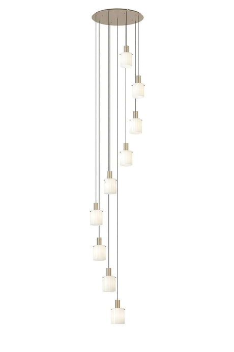 Aouchiche Round Pendant, 9 Light Adjustable E27, Light Gold/Gloss White Wide Line Glass