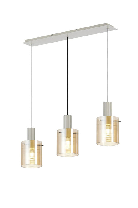 Aouchiche Linear Pendant, 3 Light Adjustable E27, Beige Stone/Amber Narrow Line Glass