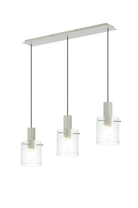 Aouchiche Linear Pendant, 3 Light Adjustable E27, Beige Stone/Clear Narrow Line Glass