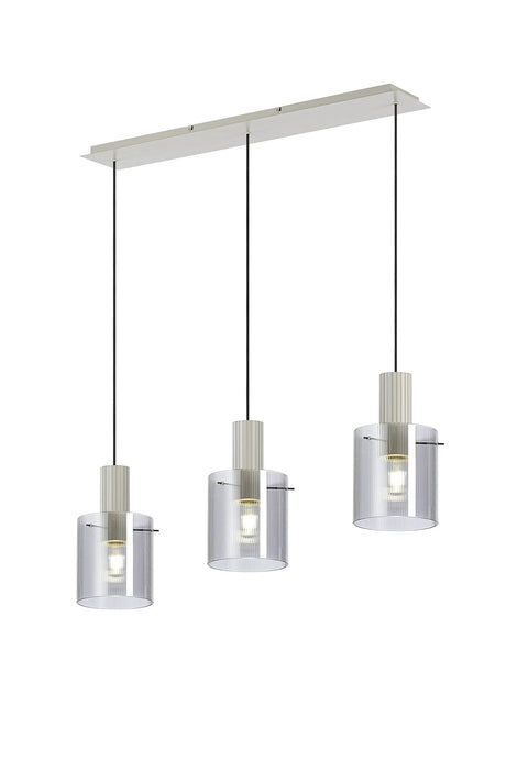 Aouchiche Linear Pendant, 3 Light Adjustable E27, Beige Stone/Smoke Narrow Line Glass