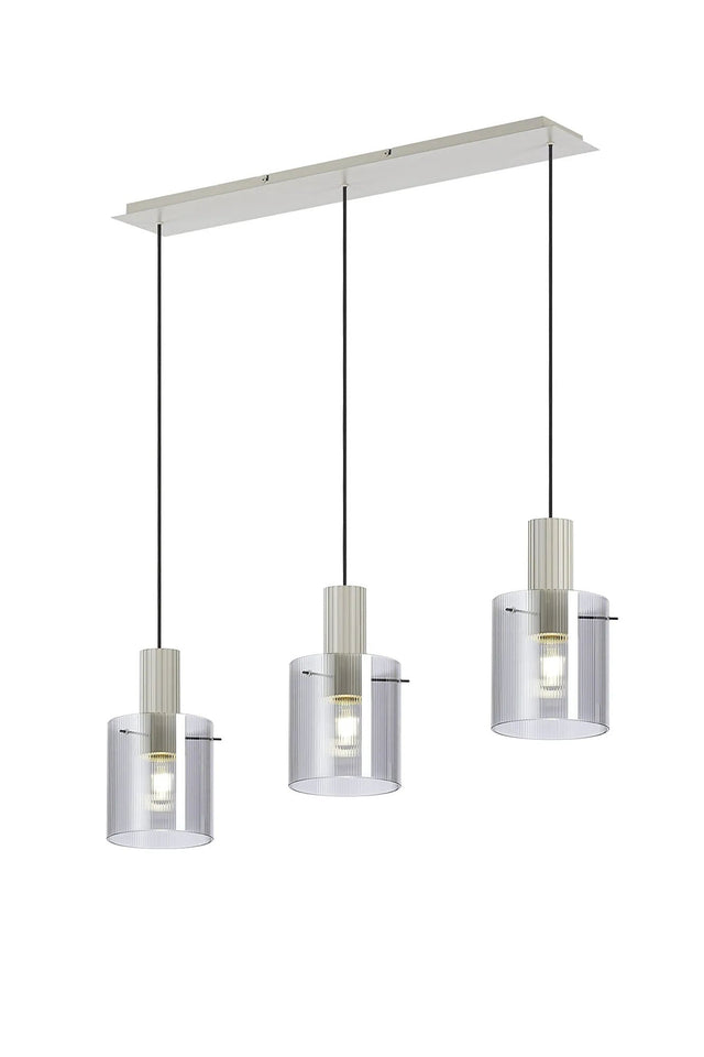 Aouchiche Linear Pendant, 3 Light Adjustable E27, Beige Stone/Smoke Narrow Line Glass