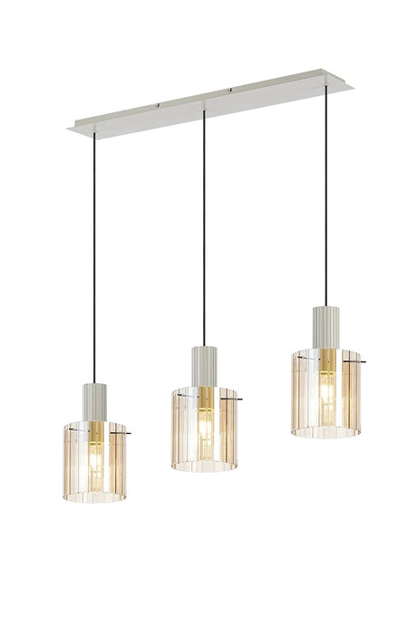Aouchiche Linear Pendant, 3 Light Adjustable E27, Beige Stone/Amber Wide Line Glass