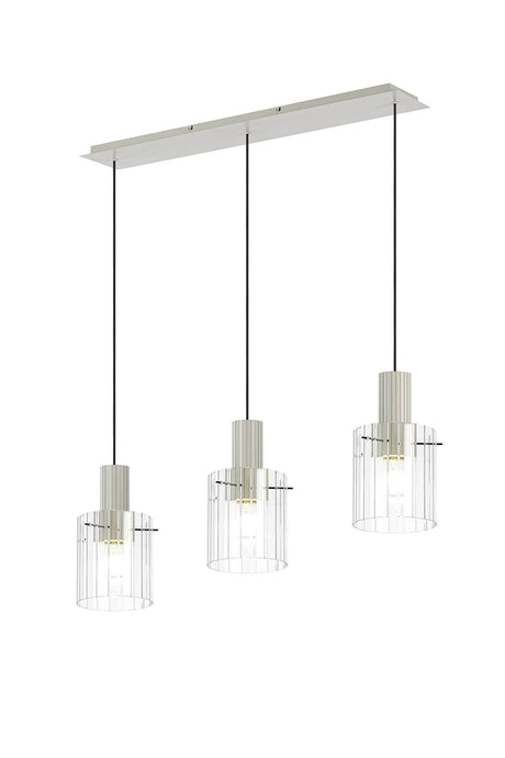 Aouchiche Linear Pendant, 3 Light Adjustable E27, Beige Stone/Clear Wide Line Glass
