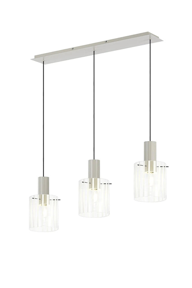 Aouchiche Linear Pendant, 3 Light Adjustable E27, Beige Stone/Frosted/Clear Wide Line Glass