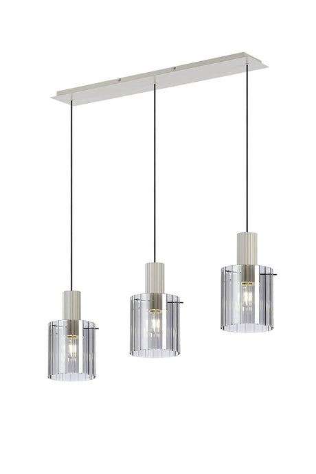 Aouchiche Linear Pendant, 3 Light Adjustable E27, Beige Stone/Smoke Wide Line Glass