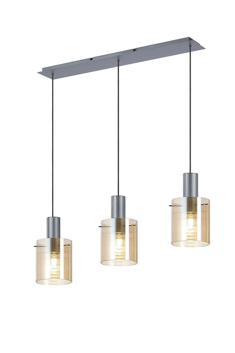 Aouchiche Linear Pendant, 3 Light Adjustable E27, Dark Grey/Amber Narrow Line Glass