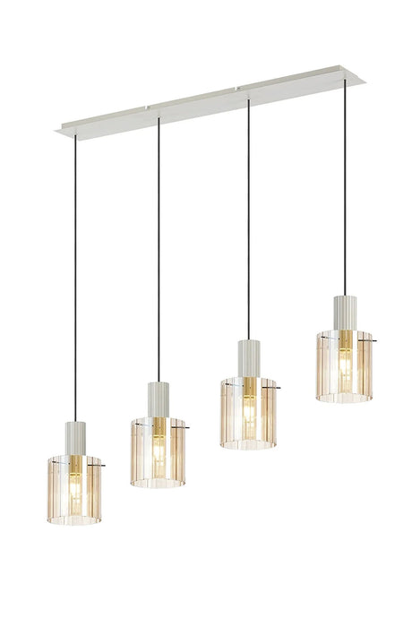 Aouchiche Linear Pendant, 4 Light Adjustable E27, Beige Stone/Amber Wide Line Glass