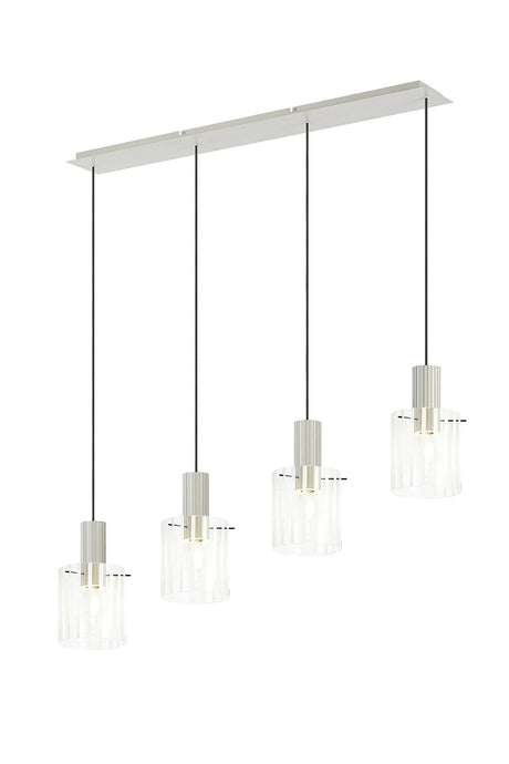Aouchiche Linear Pendant, 4 Light Adjustable E27, Beige Stone/Frosted/Clear Wide Line Glass