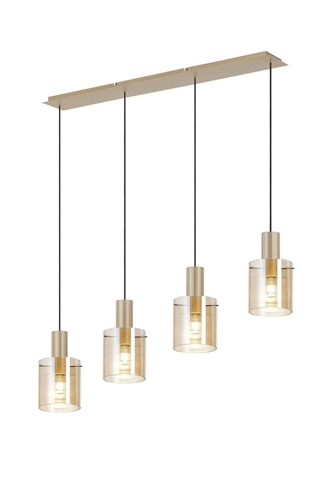 Aouchiche Linear Pendant, 4 Light Adjustable E27, Light Gold/Amber Narrow Line Glass