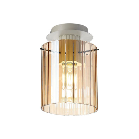 Aouchiche Round Ceiling Flush, 1 Light Flush Fitting E27, Beige Stone/Amber Wide Line Glass