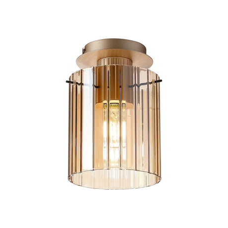 Aouchiche Round Ceiling Flush, 1 Light Flush Fitting E27, Light Gold/Amber Wide Line Glass