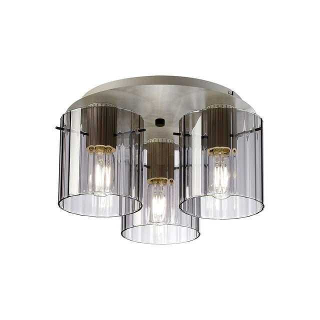 Aouchiche Round Ceiling Flush, 3 Light Flush Fitting E27, Beige Stone/Smoke Wide Line Glass