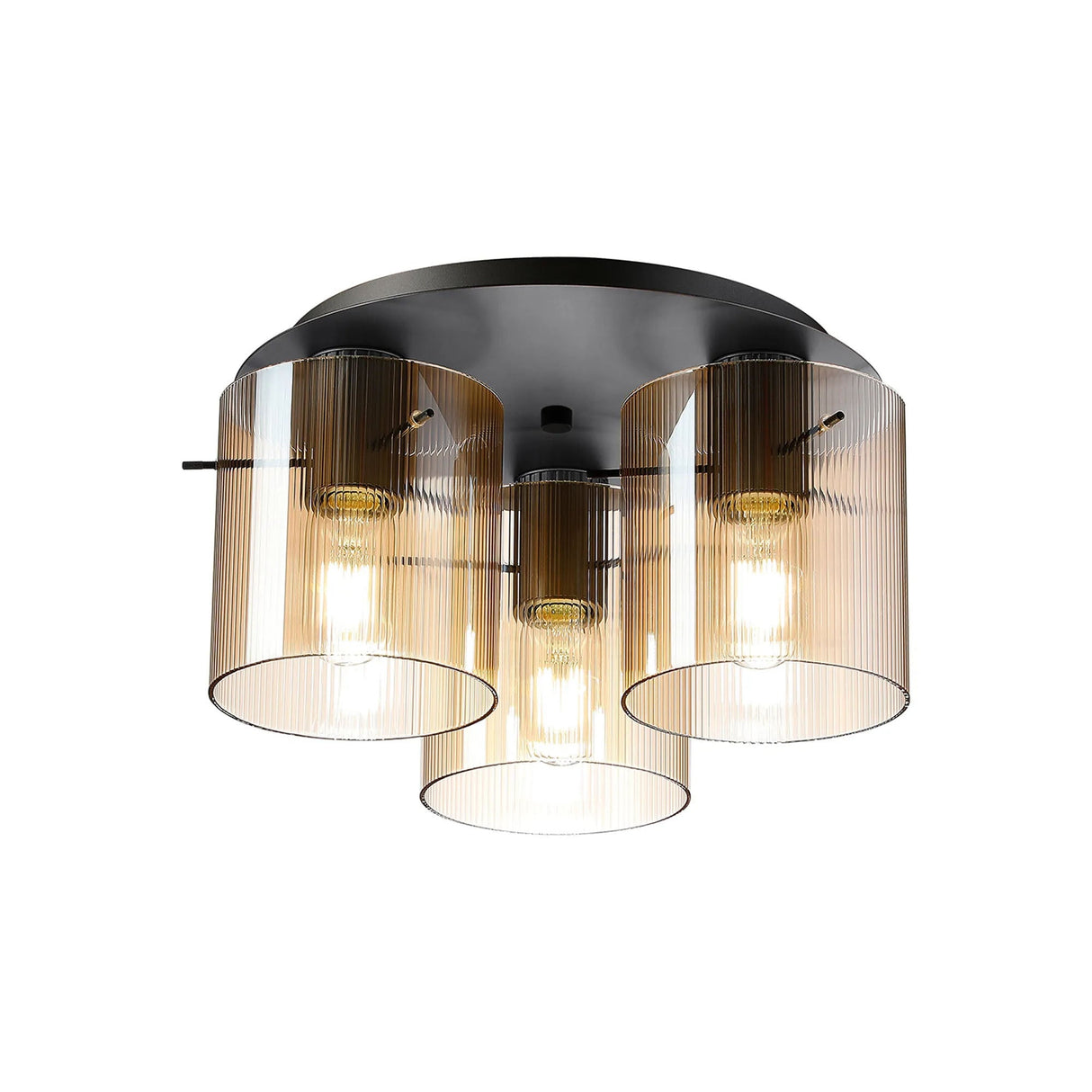 Aouchiche Round Ceiling Flush, 3 Light Flush Fitting E27, Dark Grey/Amber Narrow Line Glass