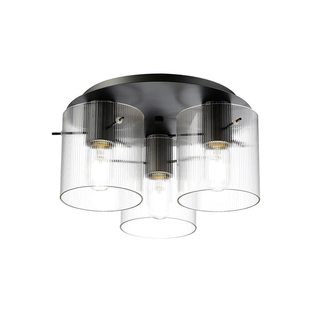 Aouchiche Round Ceiling Flush, 3 Light Flush Fitting E27, Dark Grey/Clear Narrow Line Glass