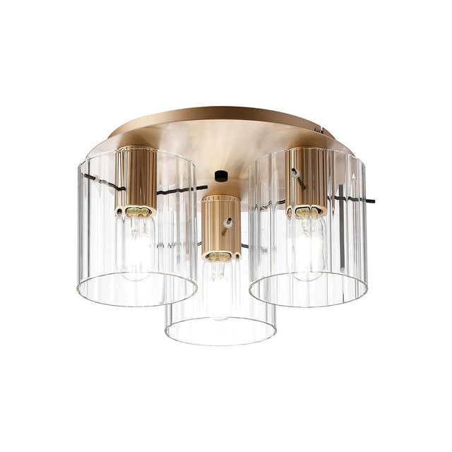 Aouchiche Round Ceiling Flush, 3 Light Flush Fitting E27, Light Gold/Clear Wide Line Glass