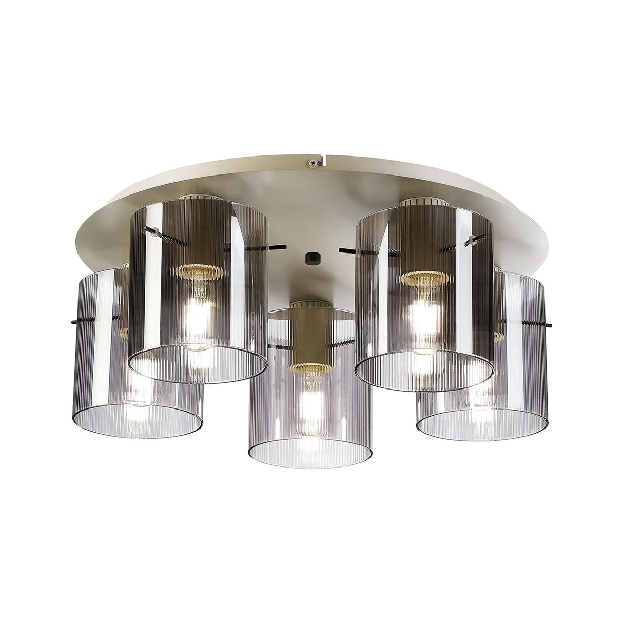 Aouchiche Round Ceiling Flush, 5 Light Flush Fitting E27, Beige Stone/Smoke Narrow Line Glass