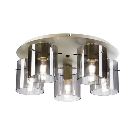 Aouchiche Round Ceiling Flush, 5 Light Flush Fitting E27, Beige Stone/Smoke Narrow Line Glass