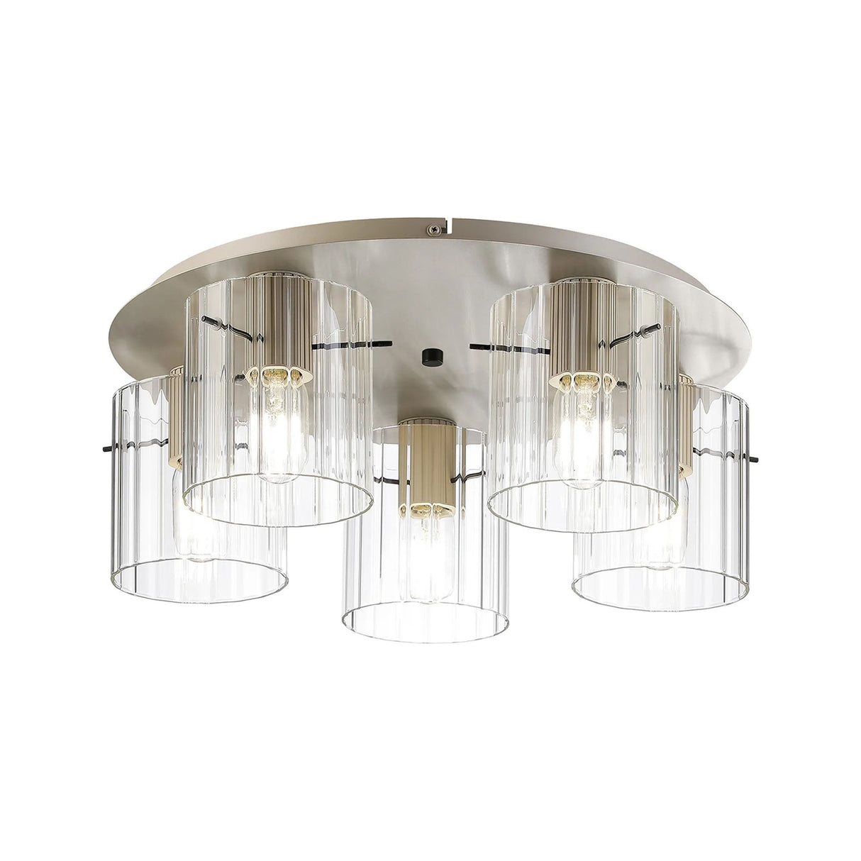 Aouchiche Round Ceiling Flush, 5 Light Flush Fitting E27, Beige Stone/Clear Wide Line Glass