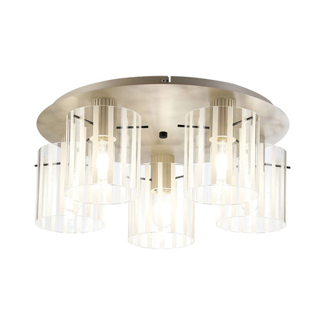 Aouchiche Round Ceiling Flush, 5 Light Flush Fitting E27, Beige Stone/Frosted/Clear Wide Line Glass
