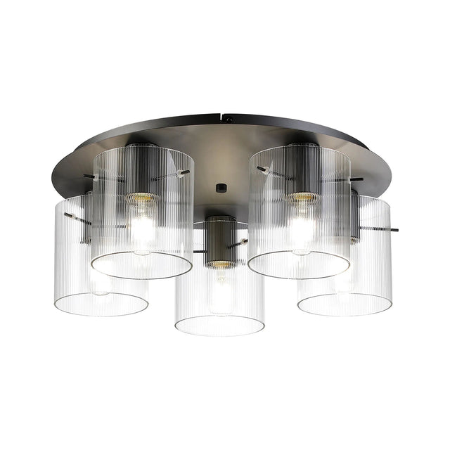 Aouchiche Round Ceiling Flush, 5 Light Flush Fitting E27, Dark Grey/Clear Narrow Line Glass