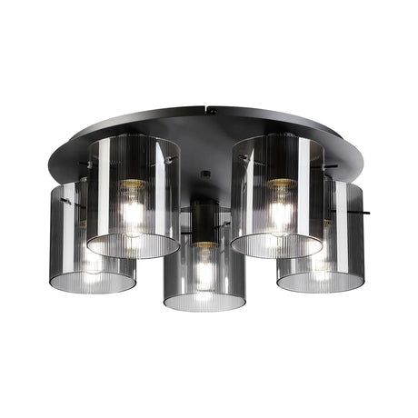 Aouchiche Round Ceiling Flush, 5 Light Flush Fitting E27, Dark Grey/Smoke Narrow Line Glass