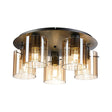 Aouchiche Round Ceiling Flush, 5 Light Flush Fitting E27, Dark Grey/Amber Wide Line Glass
