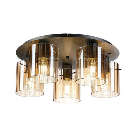 Aouchiche Round Ceiling Flush, 5 Light Flush Fitting E27, Dark Grey/Amber Wide Line Glass