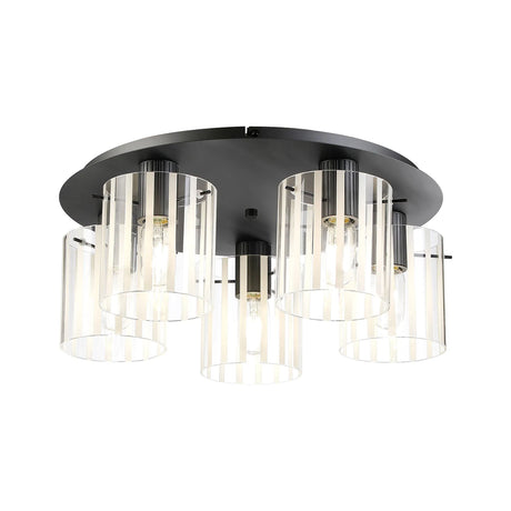 Aouchiche Round Ceiling Flush, 5 Light Flush Fitting E27, Dark Grey/Frosted/Clear Wide Line Glass