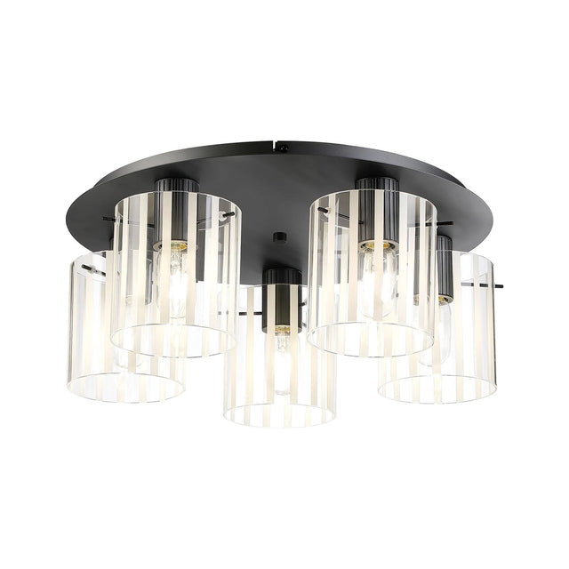 Aouchiche Round Ceiling Flush, 5 Light Flush Fitting E27, Dark Grey/Frosted/Clear Wide Line Glass