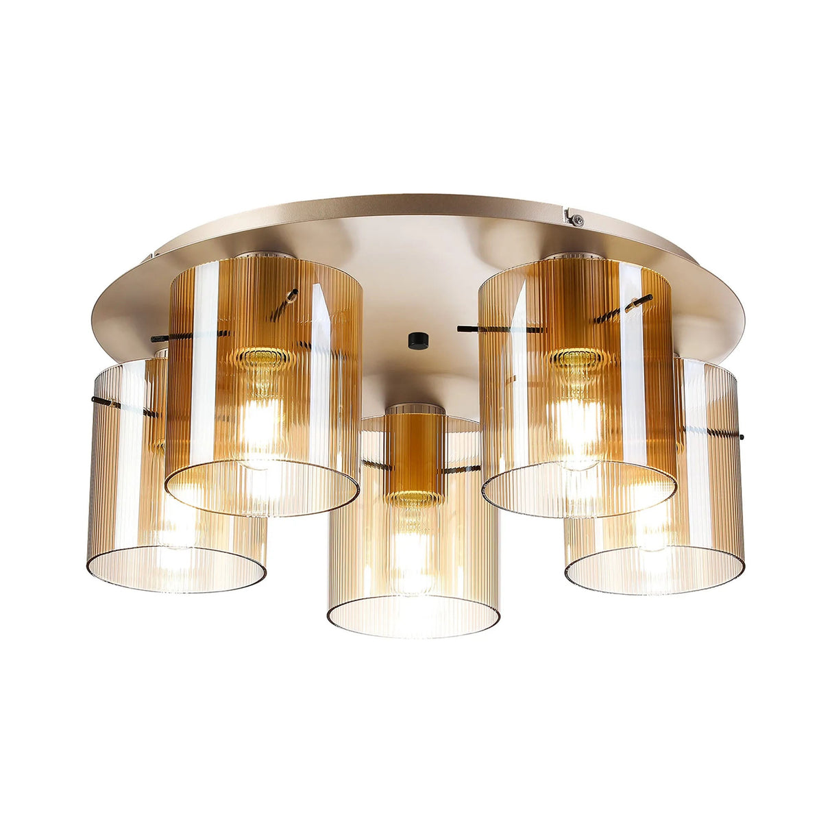 Aouchiche Round Ceiling Flush, 5 Light Flush Fitting E27, Light Gold/Amber Narrow Line Glass