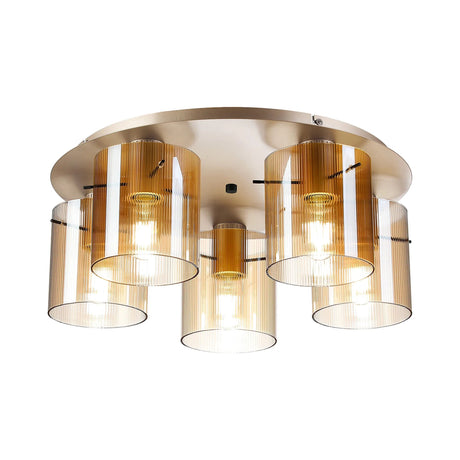 Aouchiche Round Ceiling Flush, 5 Light Flush Fitting E27, Light Gold/Amber Narrow Line Glass