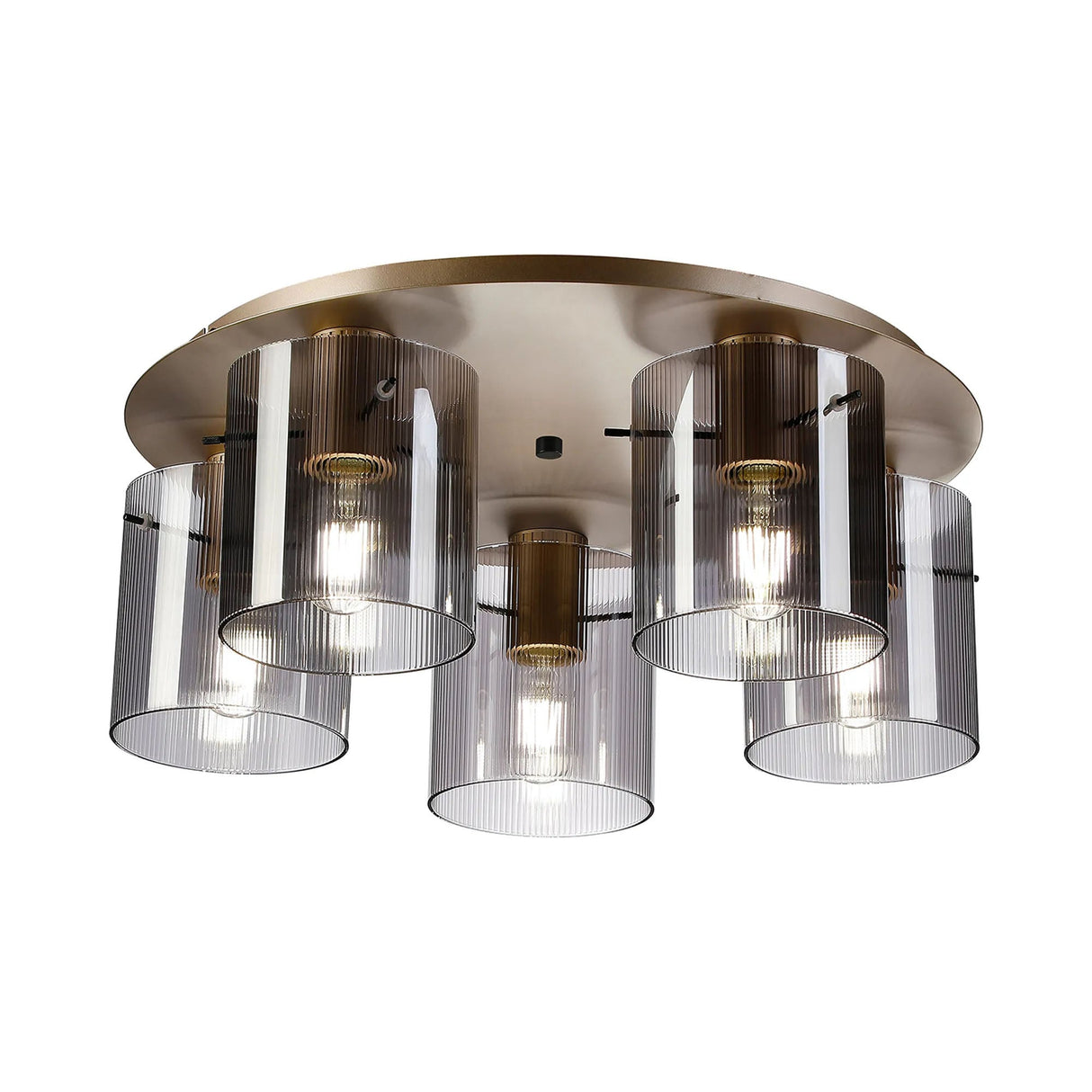 Aouchiche Round Ceiling Flush, 5 Light Flush Fitting E27, Light Gold/Smoke Narrow Line Glass