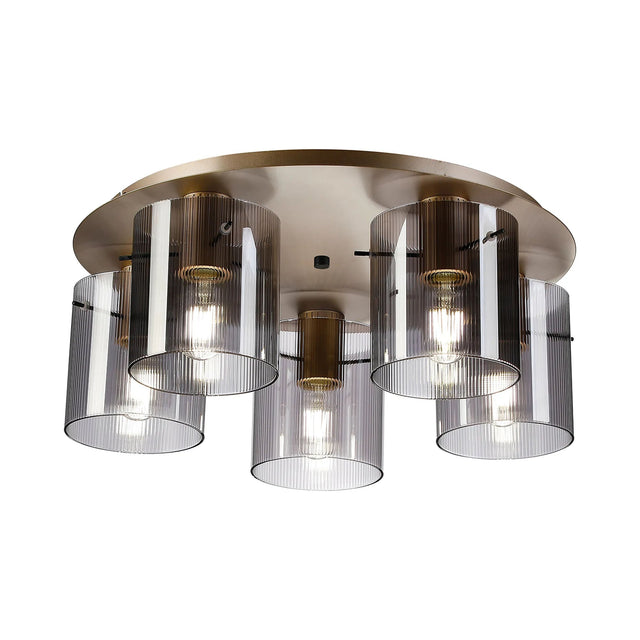 Aouchiche Round Ceiling Flush, 5 Light Flush Fitting E27, Light Gold/Smoke Narrow Line Glass