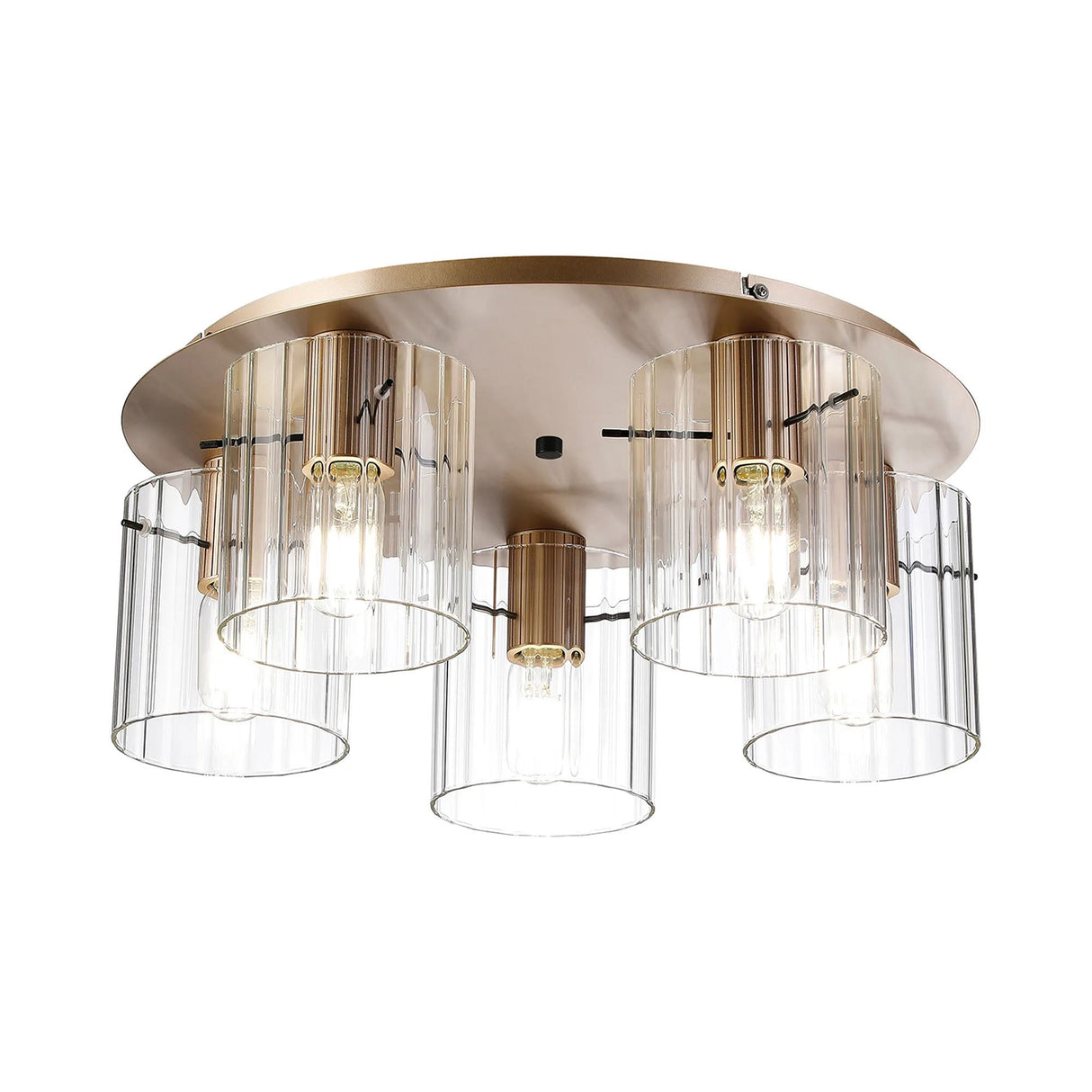 Aouchiche Round Ceiling Flush, 5 Light Flush Fitting E27, Light Gold/Clear Wide Line Glass