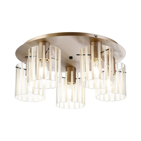 Aouchiche Round Ceiling Flush, 5 Light Flush Fitting E27, Light Gold/Frosted/Clear Wide Line Glass