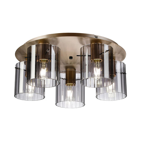 Aouchiche Round Ceiling Flush, 5 Light Flush Fitting E27, Light Gold/Smoke Wide Line Glass