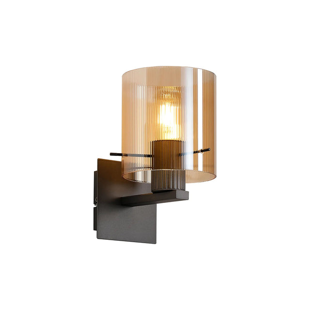 Aouchiche Single Switched Wall Lamp, 1 Light, E27, Dark Grey/Amber Narrow Line Glass
